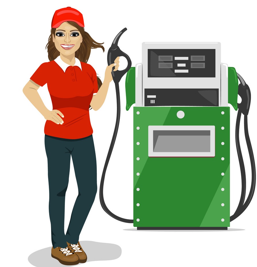 female gas station worker holding pump