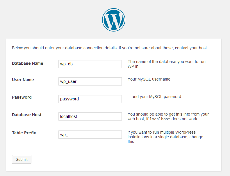 wordpress enter database info