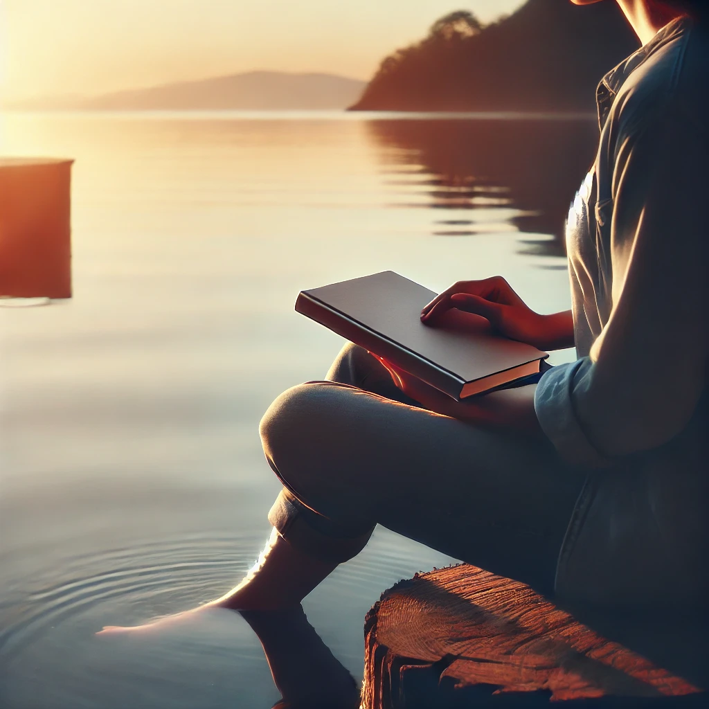 A serene image of a person sitting by the water with a journal, representing self reflection and peace. The person appears relaxed, with a calm lak