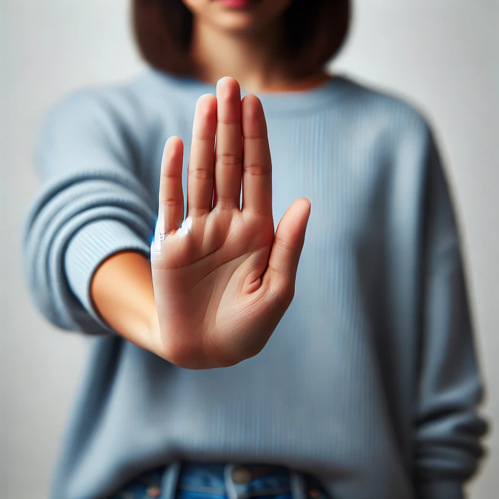 A person holding a hand up in a gentle 'stop' gesture, symbolizing a respectful but firm boundary. The background is simple and non distracting, drawi