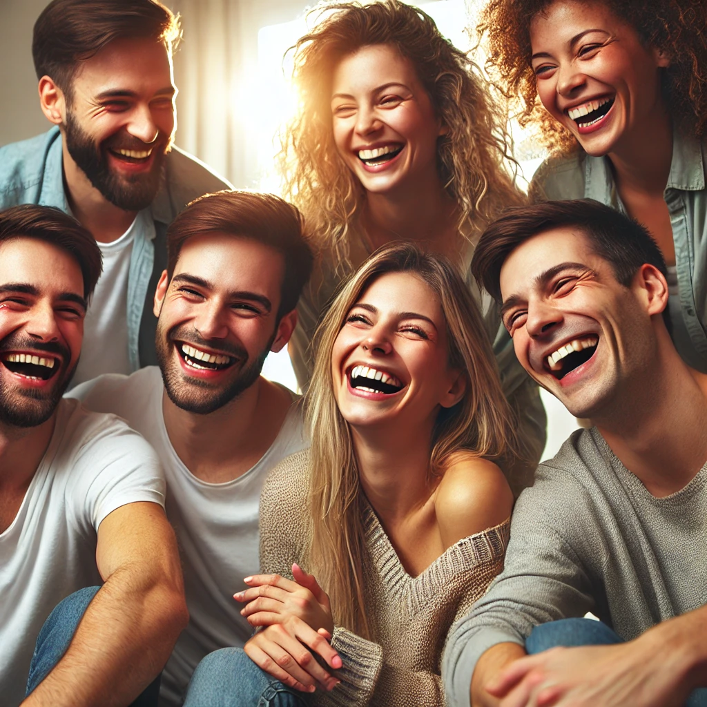 A happy group of friends or family sharing a laugh, showcasing the positive effects of boundaries on relationships. The atmosphere is warm and joyful,