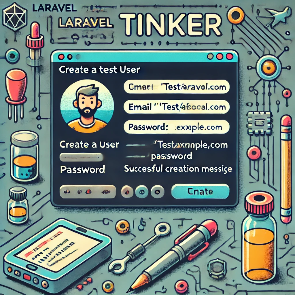Screenshot of Laravel Tinker command in terminal to create a test user with email 'test@example.com' and password, showing the commands and successful