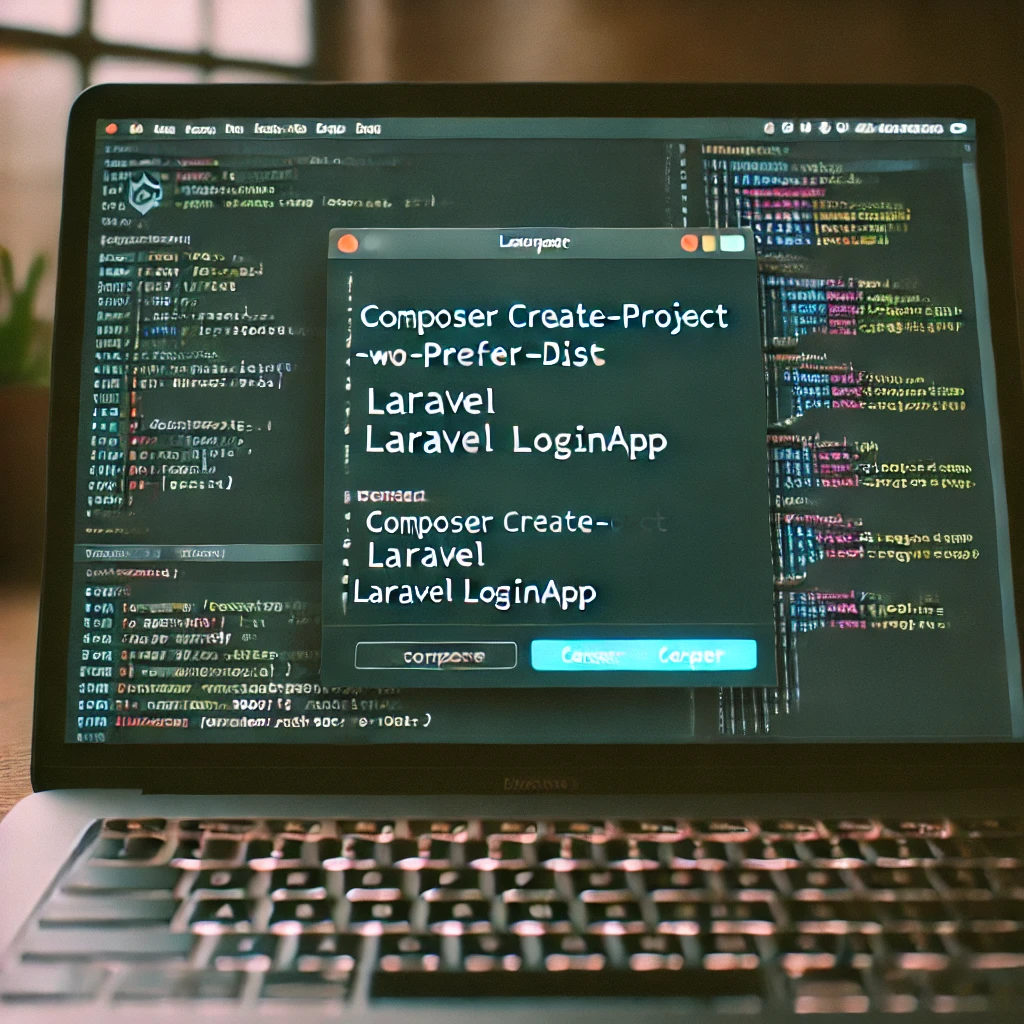 Screenshot of a terminal showing the command to create a Laravel project using Composer, with the command 'composer create project prefer dist larav